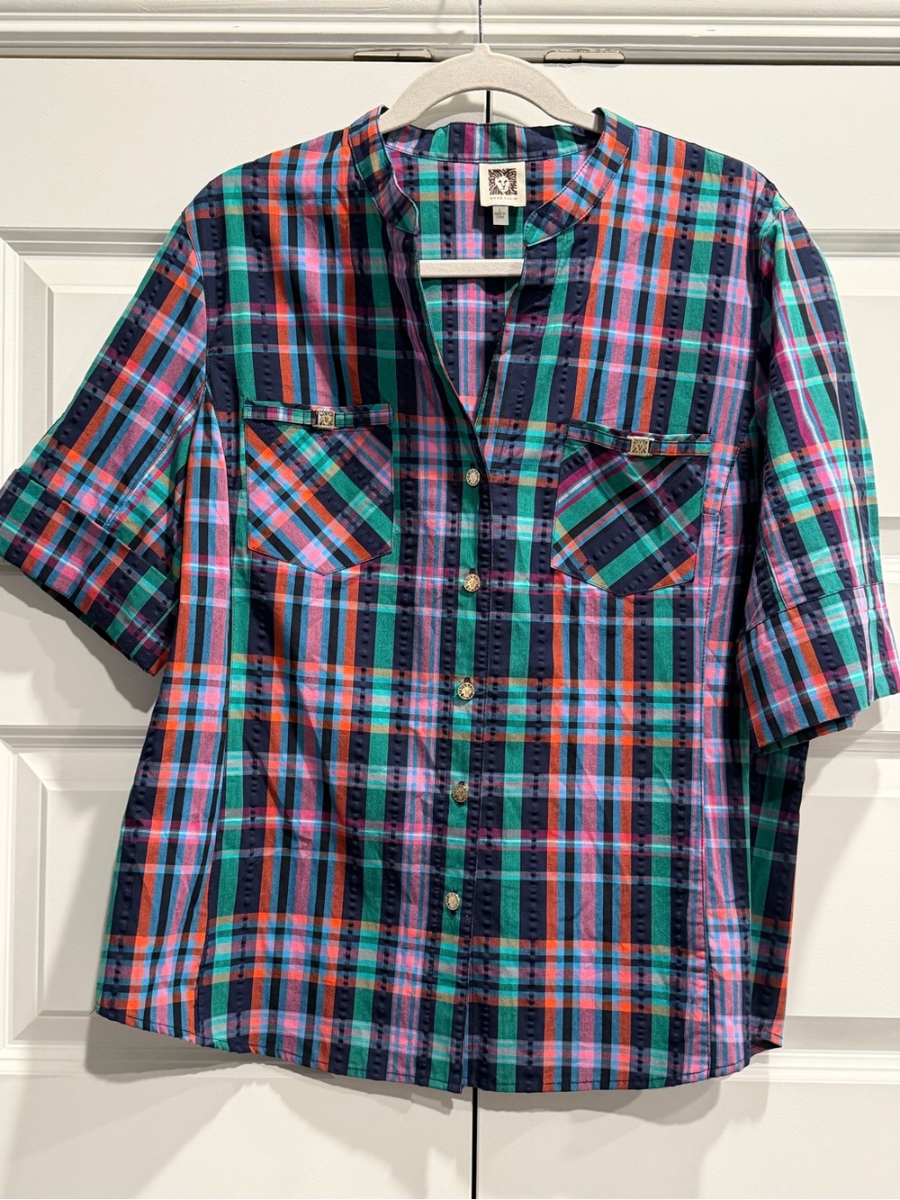 Anne Klein Navy, Red, Green & Pink Plaid Button-Front Shirt